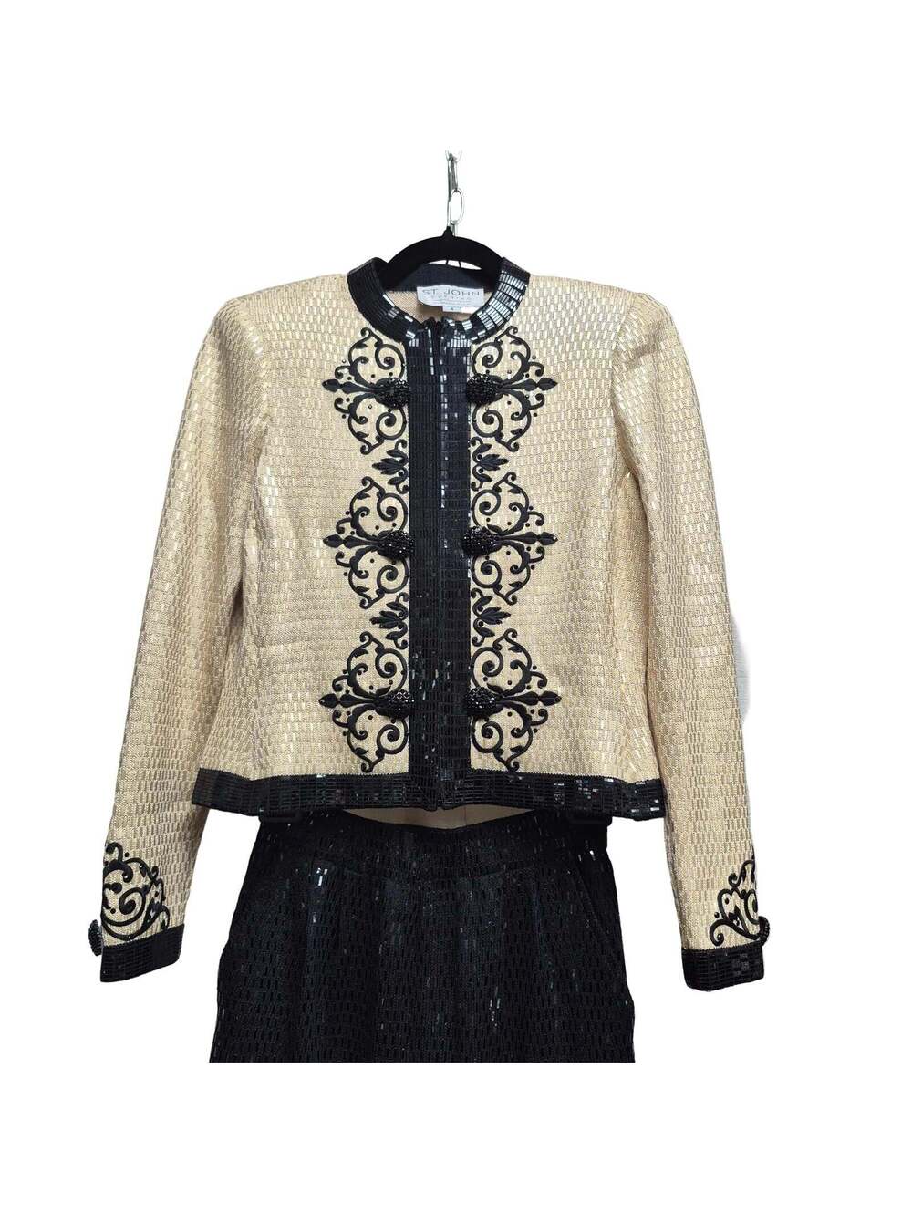 St. John Vintage 1990s Cream and Black Sequin Evening Pants Suit